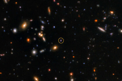 An image of the short gamma-ray burst GRB 181123B’s host galaxy (circled) taken by the Gemini Observatory.