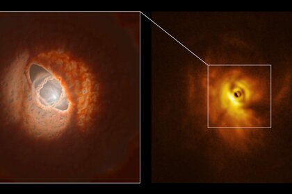 Observations of the trinary star GW Ori (right) show it’s surrounded by a complex system of gas and dust, depicted in artwork (left) showing tilted rings and warped disks. Credit: ESO/L. Calçada, Exeter/Kraus et al.