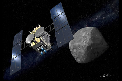 Artwork of the Hayabusa 2 spacecraft as it approaches the asteroid Ryugu. Credit: JAXA