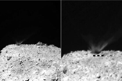 192 seconds after the impact of a slug shot by Hayabusa2 a crater forms on the asteroid Ryugu. Credit: Arakawa et al.