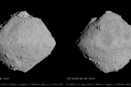 Very nearly the entire surface the small asteroid Ryugu, taken a few hours apart on June 30, 2018.