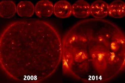 An X-ray sequence showing the Sun from 2008 through 2014, taken by the Hinode spacecraft. Solar magnetic activity peaked in 2014, but solar storms are still common after the peak. Credit: JAXA/NASA/CfA