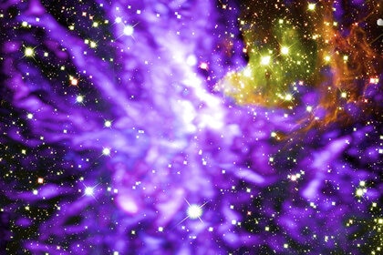 Stars and gas seen by Hubble (red and yellow) together with long filaments of cold gas by ALMA (purple) start to show a complete picture of star formation. Credit: ALMA (ESO/NAOJ/NRAO), Y. Cheng et al.; NRAO/AUI/NSF, S. Dagnello; NASA/ESA Hubble.