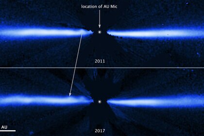 Hubble/STIS images of AU Mic taken a few years apart show the motion of a blob moving outward from the star. Credit: NASA, ESA, J. Wisniewski (University of Oklahoma), C. Grady (Eureka Scientific), and G. Schneider (Steward Observatory)