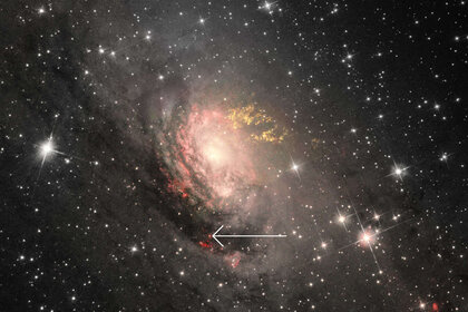A Hubble image of the Circinus Galaxy taken in 1999, after SN1996cr exploded but before it was discovered, with an arrow representing the approximate location of the supernova. The red glow is from hydrogen.