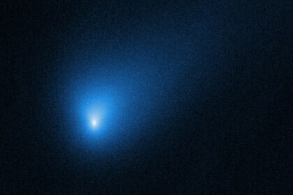 Hubble Space Telescope image of the comet 2I/Borisov (formerly C/2019 Q4 (Borisov)). The blue color was added to a grayscale image. Credit: NASA, ESA, and D. Jewitt (University of California, Los Angeles)
