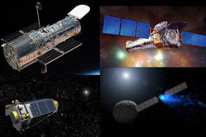 Four great space missions: Hubble (top left), Chandra (top right), Kepler (bottom left), and Dawn (bottom right). Credit (respectively): NASA, NASA/CXC/NGST, NASA, NASA/JPL-Caltech