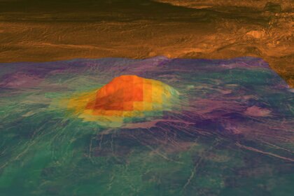 Idunn Mons, a volcano on Venus, may still be active; this topographic map from the Magellan probe has been overlayed by thermal data from Venus Express to show the top of the peak is still hot. Credit: NASA/JPL-Caltech/ESA