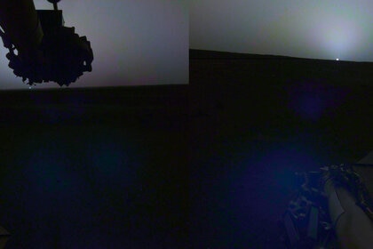Sunrise (left) and sunset (right) on Mars from the viewpoint of Mars InSight, taken on April 24/25, 2019. Credit: NASA/JPL-Caltech