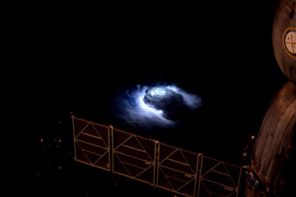 A thunderstorm seen from the International Space Station, lit internally by lightning. Credit: DTU Space / ESA / NASA