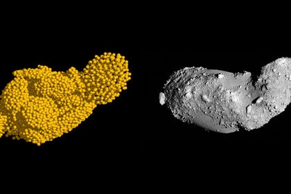A simulation of asteroid fragments reaccumulating after an event shattered the parent body (left) bears a remarkable likeness to the actual asteroid Itokawa. Credit: Campo Bagatin, et al. / JAXA (slightly modified by Phil Plait)