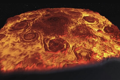 Jupiter’s north pole looks like a thick cheesy pizza in this 3D rendering of the clouds using a thermal infrared mapper on the Juno spacecraft (deeper air is warmer and glows more brightly than cooler air higher up).