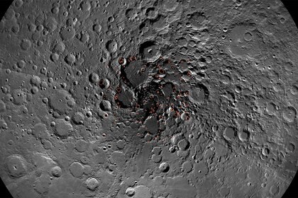 A map of the Moon's north pole showing areas where ice may lie. Credit: NASA/GSFC/Arizona State University