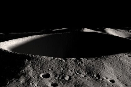 Shackleton crater, at the Moon's south pole, has a floor that never sees sunlight. This is an excellent place to look for water ice. Credit: NASA/Goddard Space Flight Center Scientific Visualization Studio