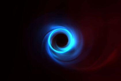 A simulation of the light emitted by material as it swirls around the black hole M87*. Red is long-wavelength radio waves, blue is millimeter-range waves (what the Event Horizon Telescopes sees), and green is near-infrared light.