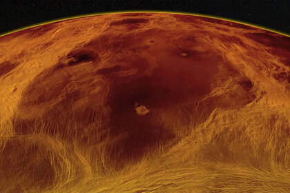 A large crustal block on Venus (smooth dark area), bigger than Alaska, shows evidence of tectonic motion (grooves and ridges surrounding it), indicating Venus may yet be active today. Credit: Paul Byrne, based on original NASA/JPL imagery.