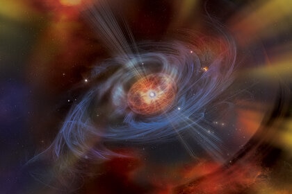 A rotating neutron star with a powerful magnetic field whips up subatomic particles around it. Artwork credit: NASA / Swift / Aurore Simonnet, Sonoma State University