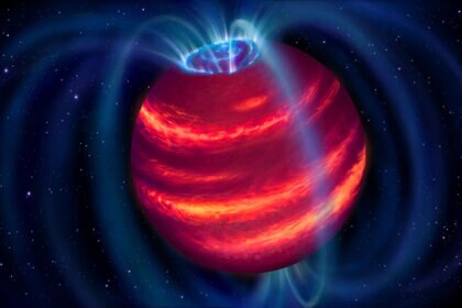 Artwork depicting a magnetic brown dwarf; particles moving along the field lines hit the atmosphere and cause it to glow with an aurora. Credit: ASTRON/Danielle Futselaar