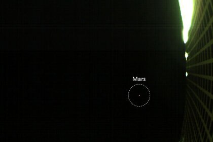 Mars (circled) as seen by MarCO-B, a very tiny spacecraft on its way to the Red Planet. Credit: NASA/JPL-Caltech