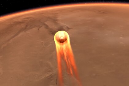 Minutes before reaching the surface, the Mars InSight lander must pass through the Martian atmosphere at high speed, ramming the air and heating up like a meteor. Credit: NASA/JPL-Caltech
