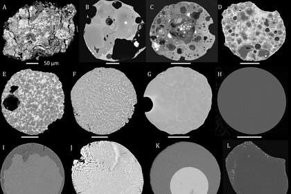 Cross-sections of various micrometeorites show different grain and mineral structures. Credit: Wikipedia / S. Taylor / Shaw Street