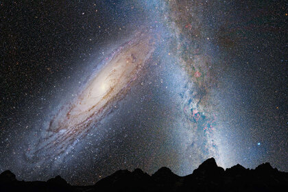 Illustration of a cosmic train wreck: The Milky Way/Andromeda galaxy collision, four billion years from now. Credit: NASA, ESA, Z. Levay and R. van der Marel (STScI), T. Hallas, and A. Mellinger