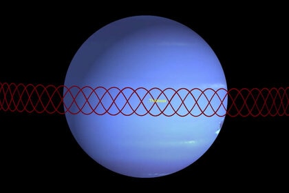 The orbit of Neptune’s moon Naiad (in red, shown over many orbits) keeps it away from the other tiny moon Thalassa; otherwise they’d eventually interact. Credit; NASA/JPL-Caltech
