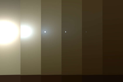 A simulated view of what the Sun looks like on an ordinary day to the Opportunity rover (left) with ever increasing dust in the air. The view on the right shows what it’s like during the current dust storm. Credit: NASA/JPL-Caltech/TAMU
