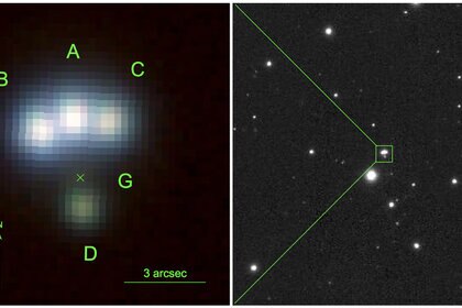 The four images (A-D) of the quadruply lensed quasar J014709+463037 can be seen in this deep image taken by the Pan-STARRS telescope. The lensing galaxy (G) is marked by an X. Credit: Berghea et al. 
