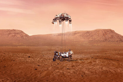 Artwork showing the Perseverance rover suspended by cables under the rocket-powered sky crane just as it lands on Mars. Credit: NASA/JPL-Caltech
