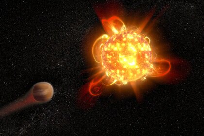 Artist depiction of a young red dwarf star blasting out flares that erode the atmosphere of a nearby planet. Credit: NASA, ESA, and D. Player (STScI)