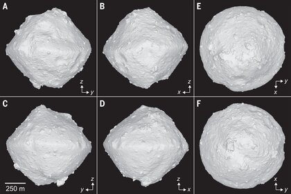 A 3D model of the surface of the asteroid Ryugu created from Hayabusa2 data. Note that in frame A, the rock Catafo Saxum sits right in the center, marking the meridian (0° longitude) of Ryugu. Credit: Watanabe et al. 