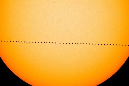 A composite image shows the entire transit of Mercury from 9 May 2016, as seen by NASA’s space-based Solar Dynamics Observatory. Credit: NASA/GSFC/SDO/Genna Duberstein
