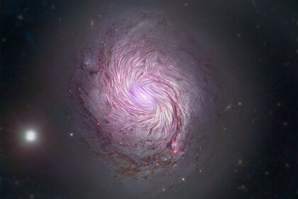 The magnetic fields lines in the galaxy NGC 1068 (swirls) as inferred from SOFAI observations superposed on an image combining observations from Hubble Space Telescope (visible light), NuSTAR (X-rays), and the Sloan Digital Sky Survey (also visible light)