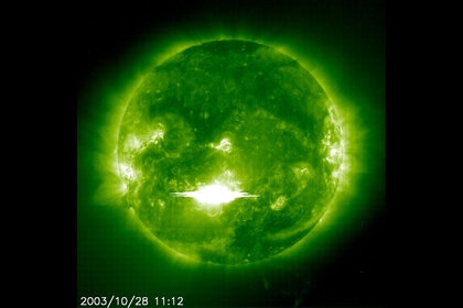 A huge solar flare erupted on the Sun in October 2003, seen here in X-rays. It was also accompanied by a powerful coronal mass ejection. Solar storms like these are a danger to our power grid and orbiting satellites. Credit: NASA/SOHO