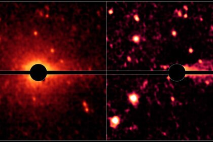 The not-quite-dead comet Don Quixote. Using a disk inside the telescope to block the brightest part of the object allows the fainter coma to shine through (left), and subtracting that reveals the even fainter cometary tail (right).