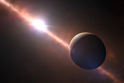 Artwork depicting the exoplanet Beta Pictoris b, showing the planet-forming debris disk around the star. The planet is flattened due to its rapid rotation. Credit: ESO L. Calçada/N. Risinger (skysurvey.org)