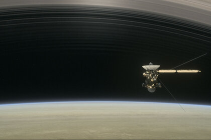 Artist drawing of Cassini as it readies to pass between the inner rings and Saturn’s atmosphere. Credit: NASA/JPL-Caltech
