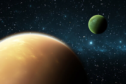 Artwork depicting a gas giant exoplanet with a gas giant exomoon.