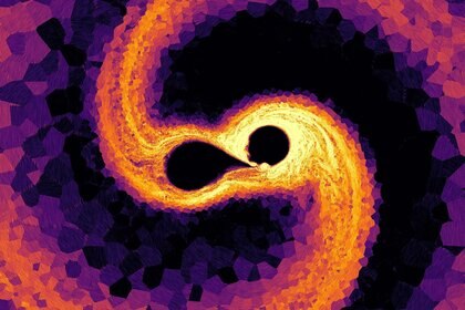 A physics simulation of two protostars merging to form Tau Scorpii, cut right through their orbital plane. The coloring shows the intensity of the magnetic field, and the cross-hatching its direction. Credit: Ohlmann/Schneider/Röpke
