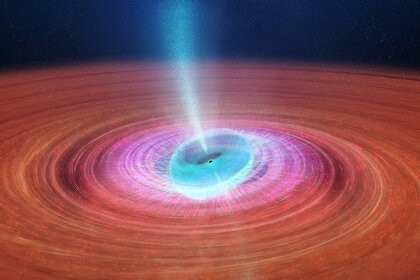 When the spin axis of a black hole is tipped relative to the plane of the material coming in, it drags the material out of that plane as the fabric of spacetime warps around the black hole. Credit: ICRAR