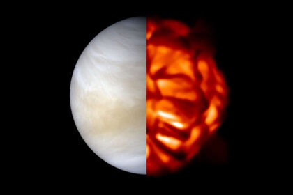 Venus as seen in ultraviolet and infrared by the Akatsuki probe (left) and a computer model of the atmosphere of Betelgeuse (right). Credit: Venus: JAXA / ISAS / DARTS / Justin Cowart; Betelgeuse: Bernd Freytag
