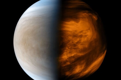 Processed image from the Japanese Akatsuki spacecraft showing Venus in ultraviolet (left) which emphasizes clouds, and infrared (right) which shows its thermal signature. Credit: JAXA/ISAS/DARTS/Kevin M. Gill
