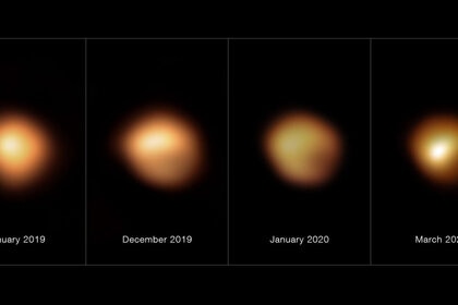 Four images from the Very Large Telescope of the red supergiant Betelgeuse (from left to right: Jan. 2019, Dec. 2019, Jan. 2020, March 2020) showing not only that it dimmed, but also that only parts of it got fainter. Credit: ESO/M. Montargès et al.