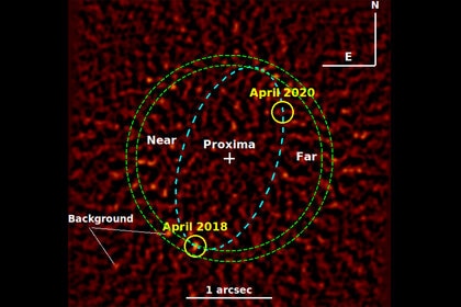A planet orbiting Proxima Centauri? A combination of five images from the Very Large Telescope shows a blip of light where a planet was predicted to be, but cannot yet be confirmed. Credit: Gratton et al.