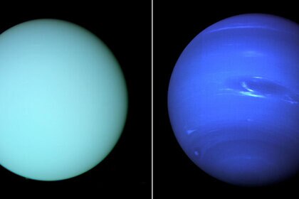 Uranus (left) and Neptune (right) seen by Voyager 2 during flybys in 1986 and 1989. Credit: Uranus: NASA/JPL-Caltech/Kevin M. Gill; Neptune: NASA/JPL-Caltech