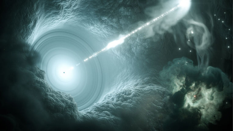 Artist drawing of a blazar, a galaxy with a supermassive black hole spewing out energy.  Credit: DESY, Science Communication Lab