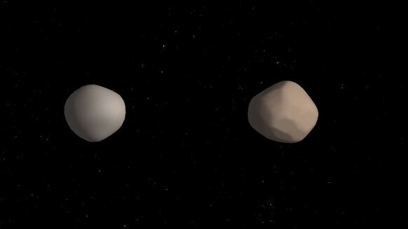 Artwork depicting what the binary asteroid 2017 YE5 might look like. Credit: NASA/JPL-Caltech