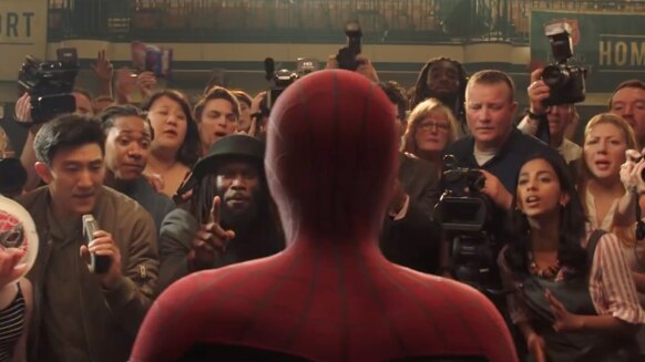 Spider Man faces fans in Spider-Man: Far From Home