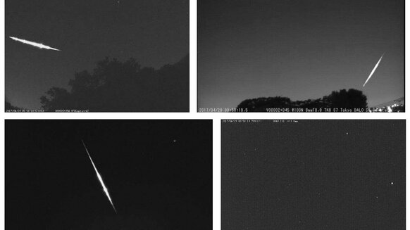 Images from different cameras of the SonotaCo Network show the bright fireball of 28 April 2017 over Japan. The meteoroid likely came from the asteroid 2003 YT1.